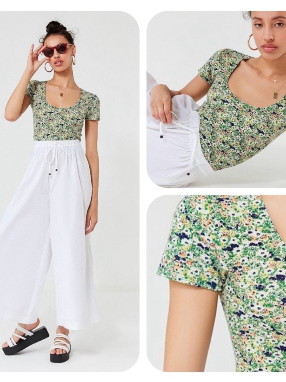 Urban Outfitters Green Floral Scoop-Neck Tee